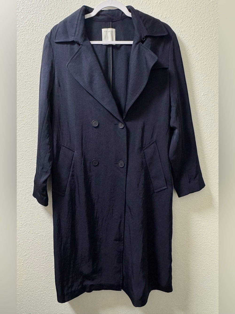 Sandro Noah Trench Coat Button Tie Waist Pockets Vent Marine Blue Women's 40/L